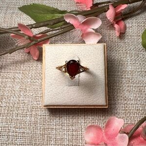 SZ 5.5 | Vintage Avon Gold Garnet Ruby Red Pear-Cut Diamond Ring